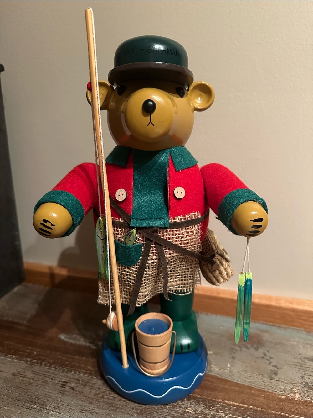 Fishing Bear wooden nutcracker doll Vintage Lord & Taylor’s fishing rod fish